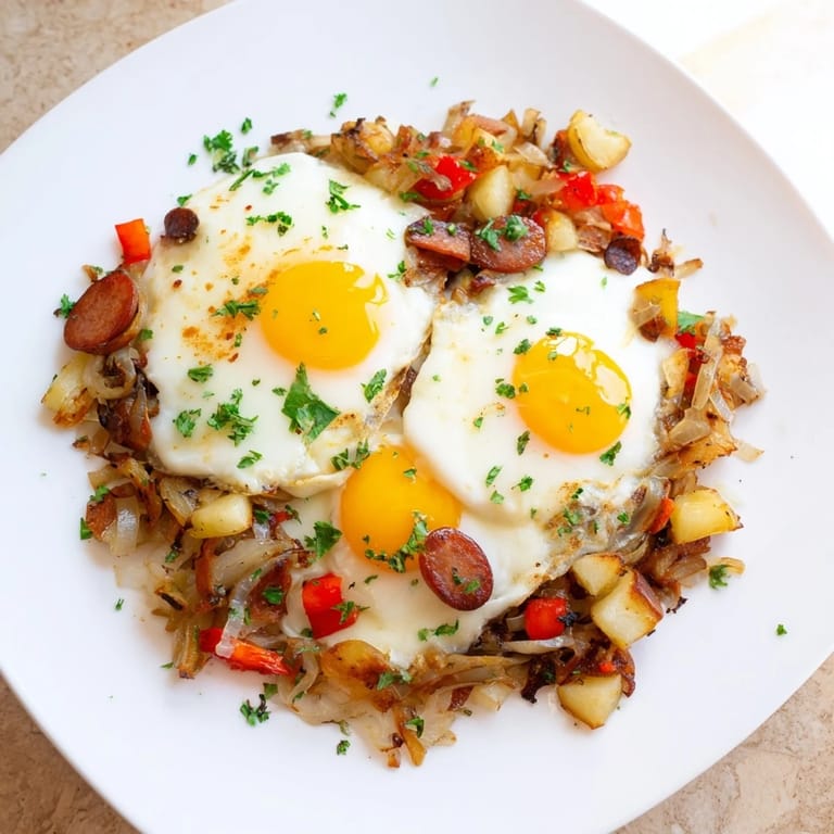 Deliciously browned hot dogs and potatoes in a skillet, served with fresh parsley garnish in the Egg & Potato Hash.