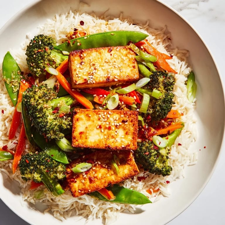 Vibrant Pressed Tofu Steaks are shown, with steaming, flavorful vegetables and fluffy rice – a complete vegan dinner.