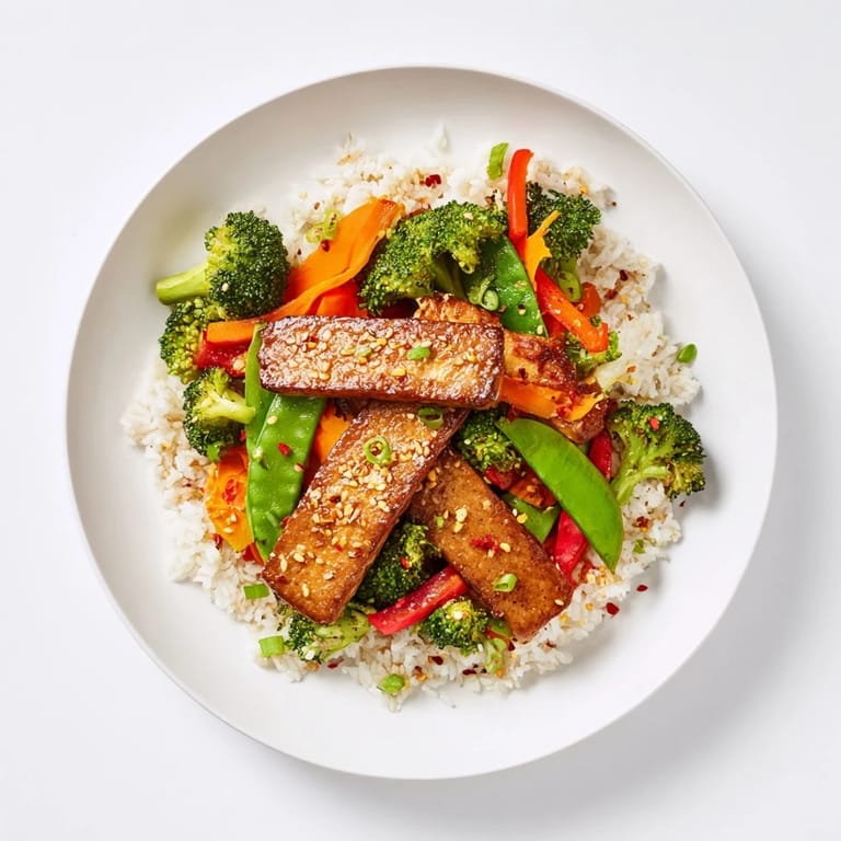 A complete plate of Pressed Tofu Steaks: crispy tofu, fresh vegetables, and rice are all pictured together.