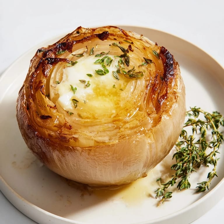 A close-up of tender, slow-roasted Onion Boil glistening with melted butter on a plate.