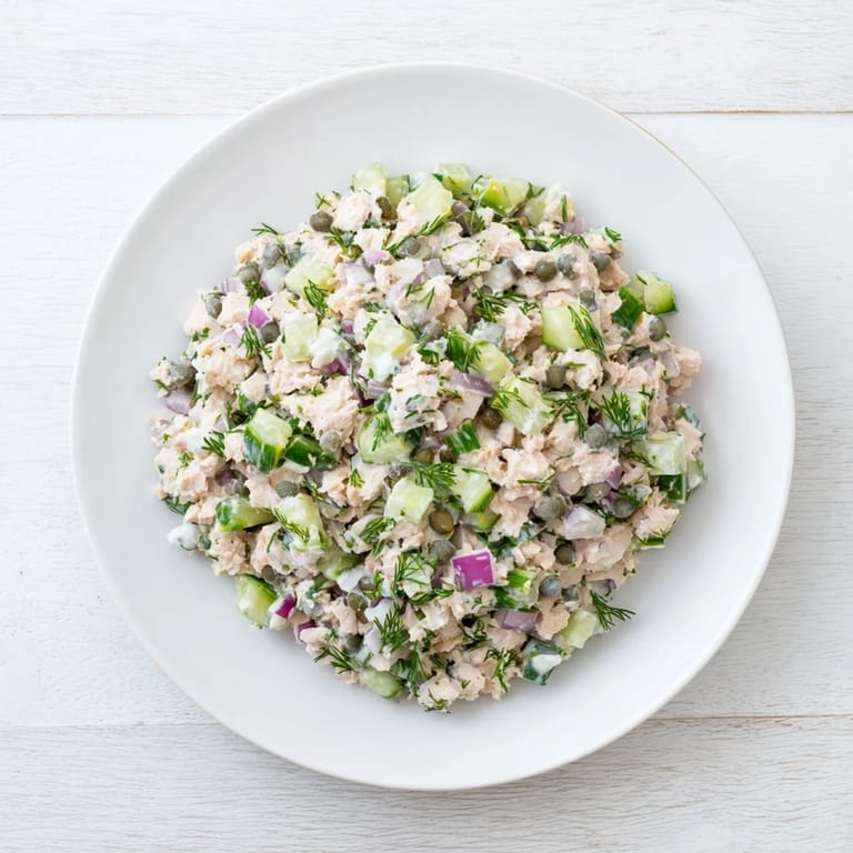 Freshly made chickpea tuna salad, with visible chunks, perfect for a healthy and tasty lunch.