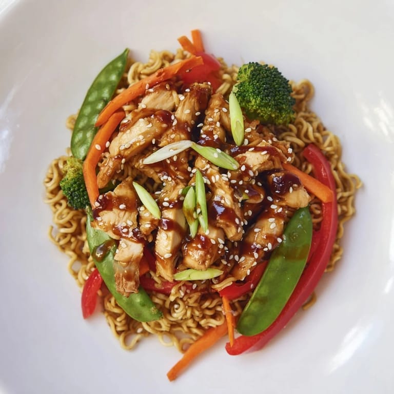 This photo shows sizzling Sheet-Pan Crispy Ramen with Veggies & Chicken, boasting roasted veggies and tender chicken.