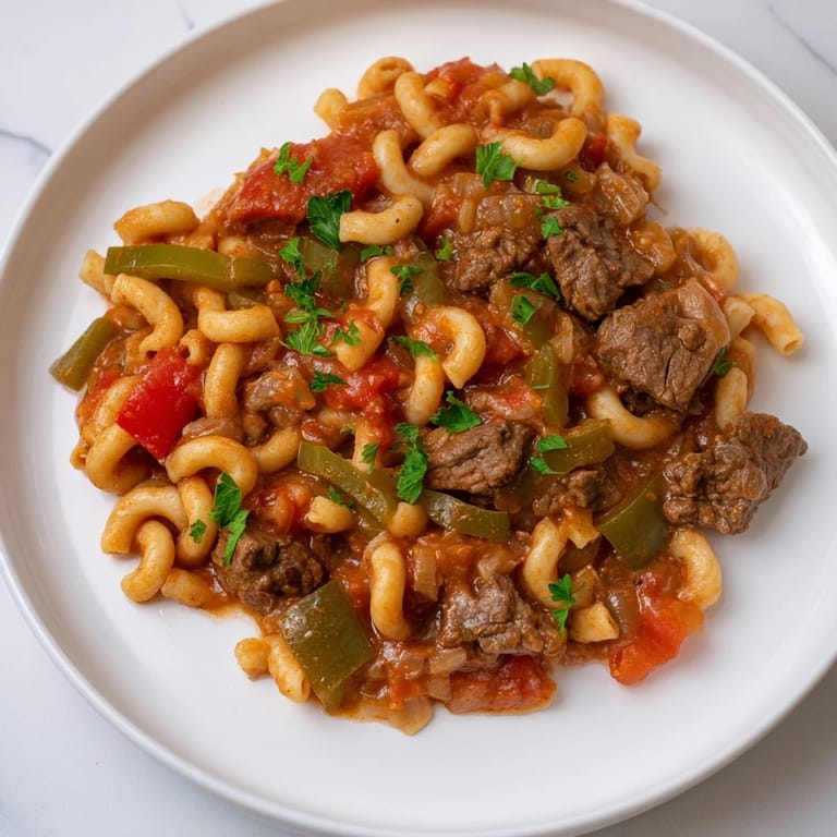 This close-up photo shows flavorful goulash, featuring beef, herbs, and elbow macaroni noodles.