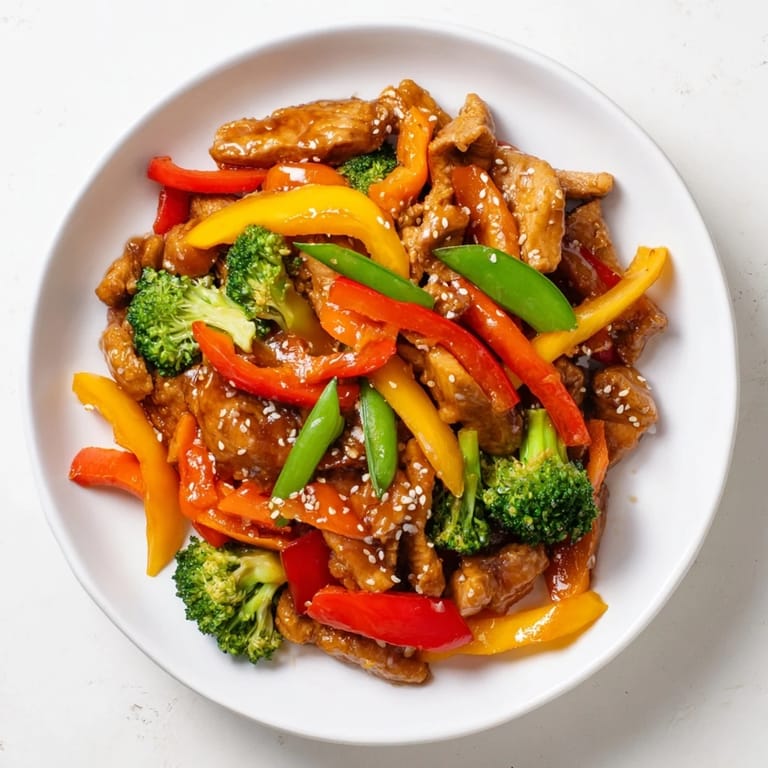A steaming bowl of Chicken Stir-Fry, with tender chicken and glistening, colorful vegetables, ready to enjoy.