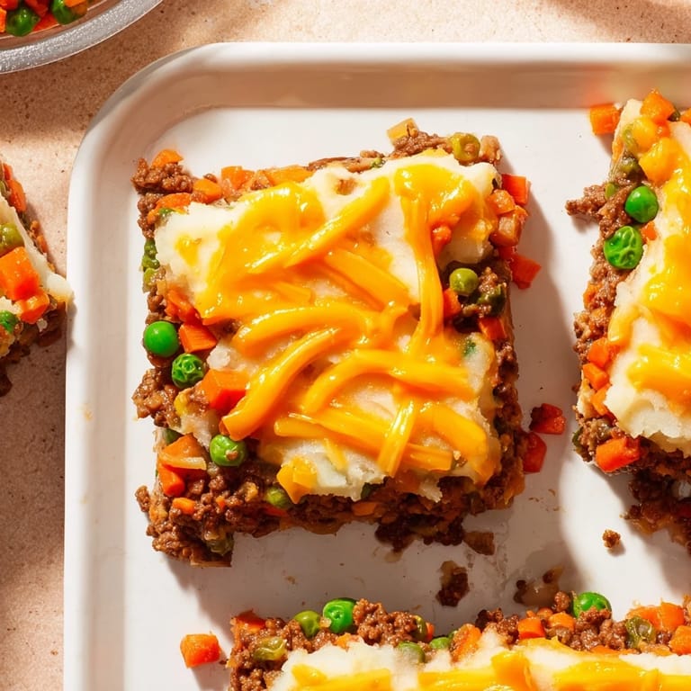 A close-up of a bubbling Budget Shepherds Pie, the savory beef filling peaking through the cheese.