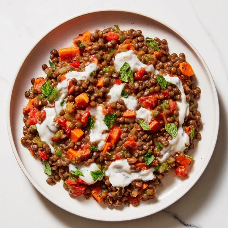 A close-up of Creamy Tomato Basil Lentil Bolognese, served hot over a bed of al dente pasta.