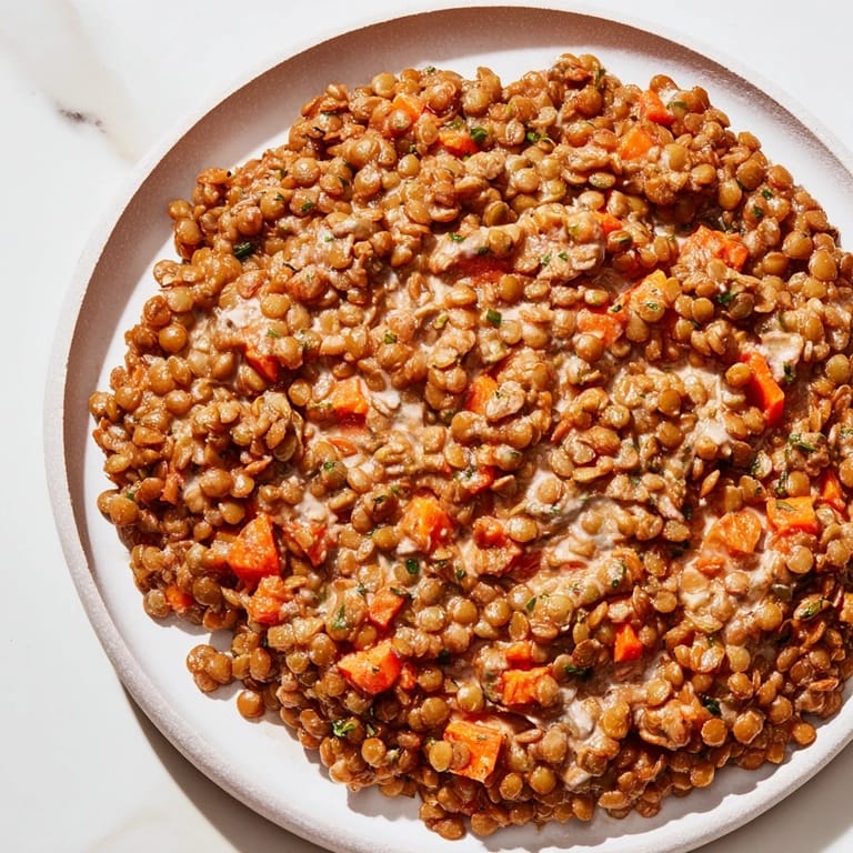 Fresh basil garnishes the vibrant Creamy Tomato Basil Lentil Bolognese, bursting with savory flavors.