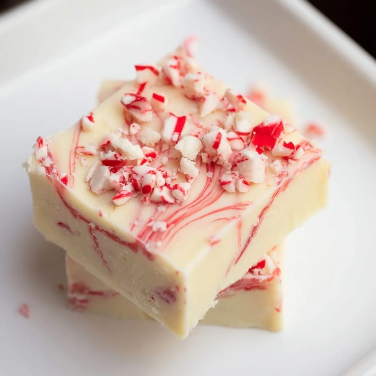 Swirly, creamy White Chocolate Peppermint Bark Fudge, a perfect homemade treat for holiday celebrations.