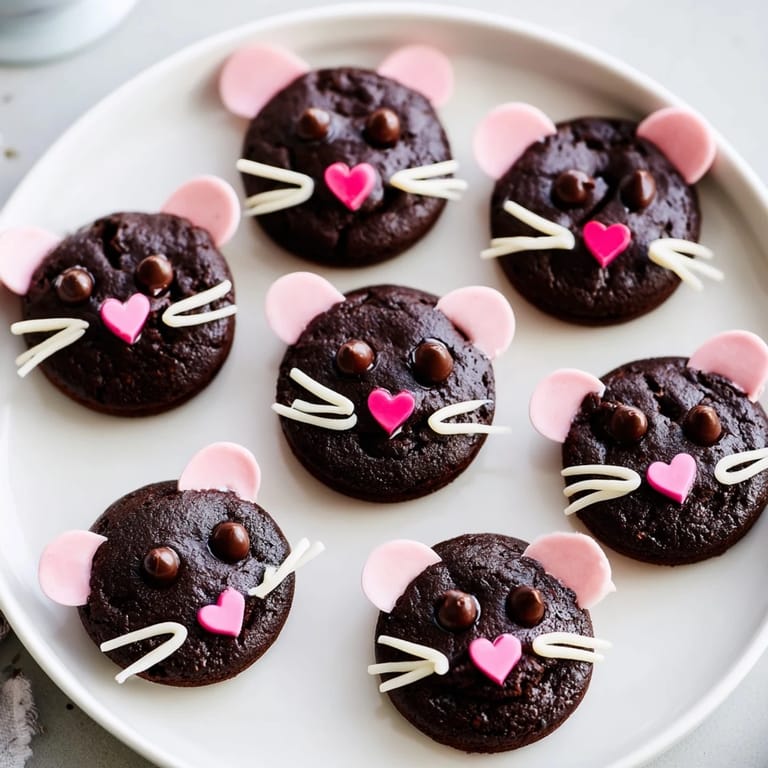 These charming Silly Rat Cake Brownie Bites feature whimsical rat faces, perfect for a fun dessert table.