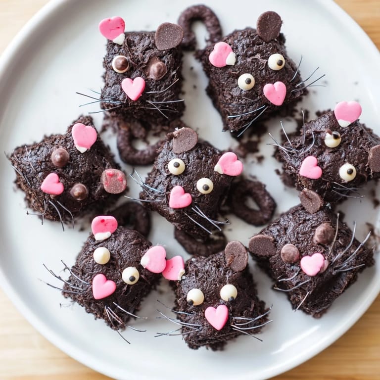 Rich, chocolatey Silly Rat Cake Brownie Bites, decorated with white chocolate and mini chocolate chip eyes look delicious.