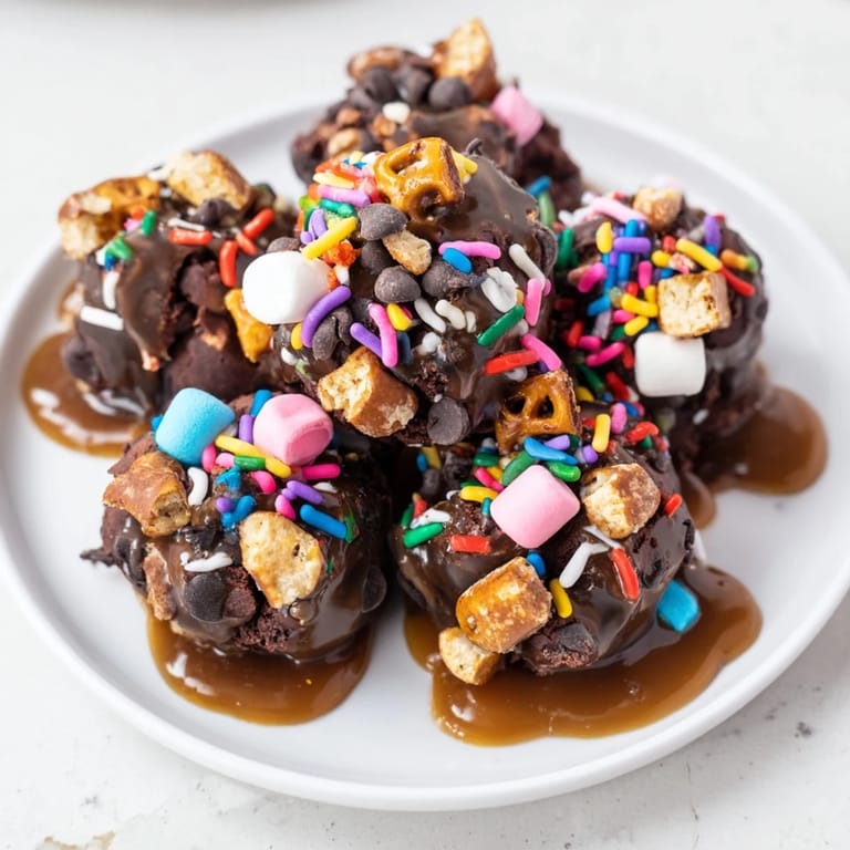 These decadent Chaos Chocolate Cake Bites, drizzled with caramel, are perfectly bite-sized and tempting.