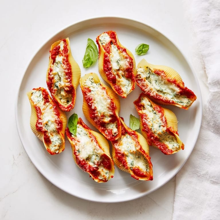 Golden-brown Pesto and Ricotta Stuffed Shells, garnished with basil, ready to serve with warm, crusty bread.