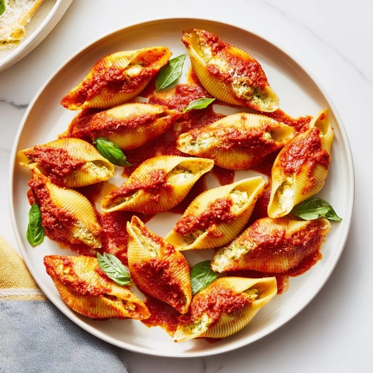 Close-up of baked Pesto and Ricotta Stuffed Shells, highlighting creamy filling and rich tomato sauce.