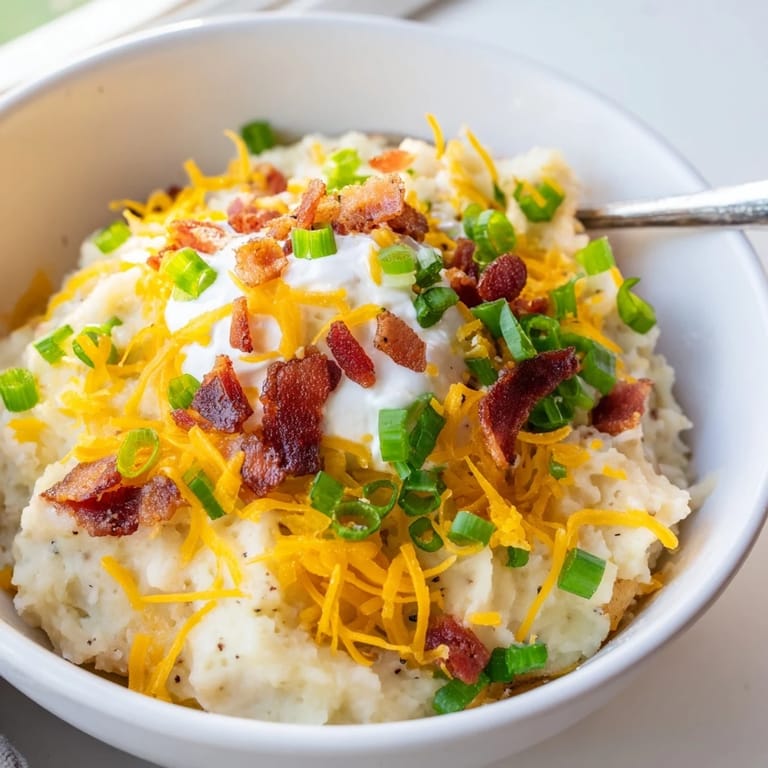 A comforting close-up of The Ultimate Baked Potato Soup, showing a swirl of sour cream and crispy bacon topping.
