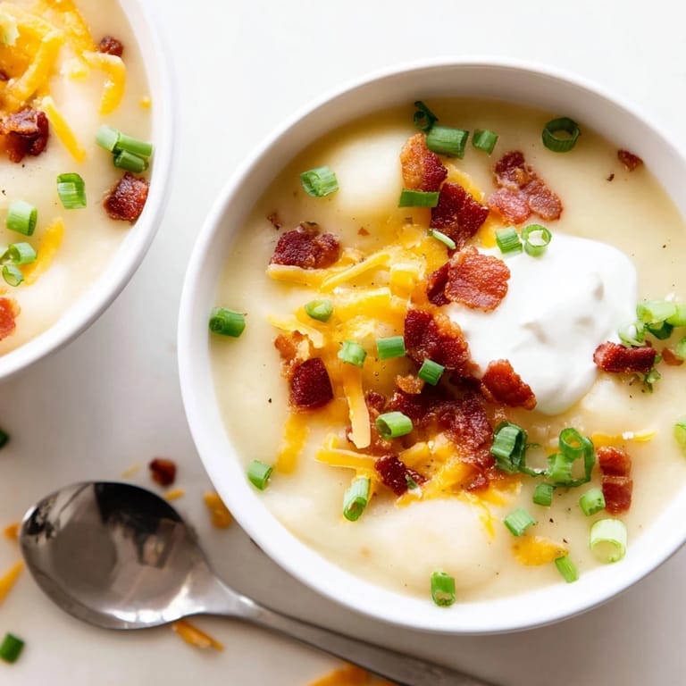 Hearty and flavorful, The Ultimate Baked Potato Soup in a rustic bowl, served with crusty bread for dipping.