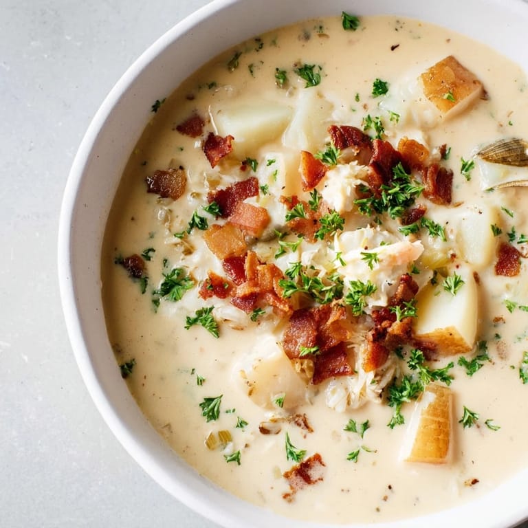 Steaming bowl of New England Clam Chowder, filled with tender clams and potatoes.