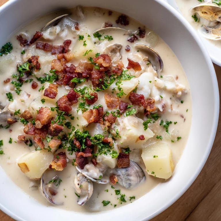 Spoonful of rich New England Clam Chowder shows off the creamy texture and fresh parsley garnish.