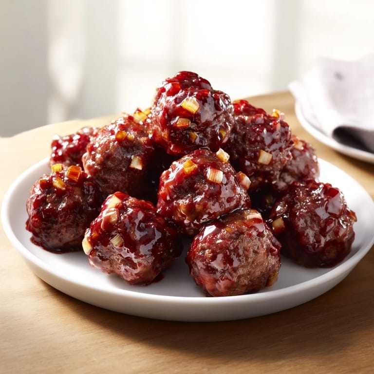 These baked cherry-glazed meatballs are coated in a vibrant glaze, perfect for a flavorful appetizer dish.