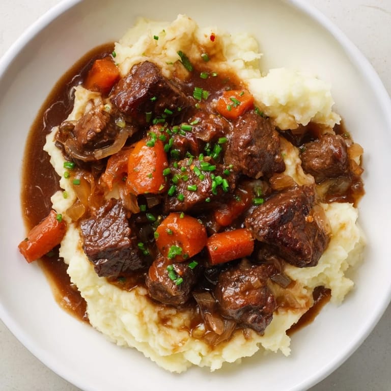 Imagine a warm bowl of Fall Apple Cider Stew with tender beef over creamy mashed potatoes.