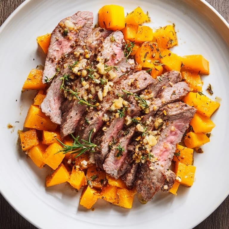 Savory slices of garlic-herb steak over colorful butternut squash bowls, ready to eat!