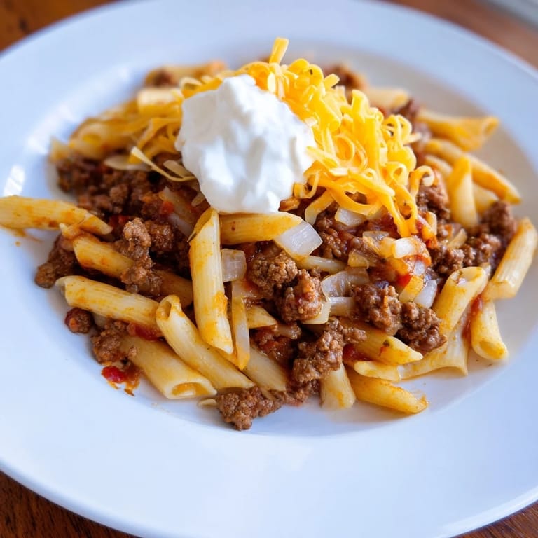 Creamy Easy Beef Enchilada Pasta bubbling in a pan, a comforting one-pot dinner for busy weeknights.