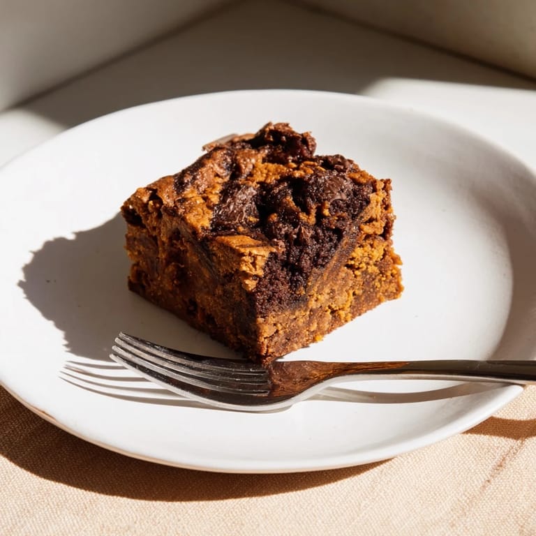 Square chunks of dense, gluten-free Pumpkin Workout Brownies, perfect for a post-workout treat, chilled and delightful.