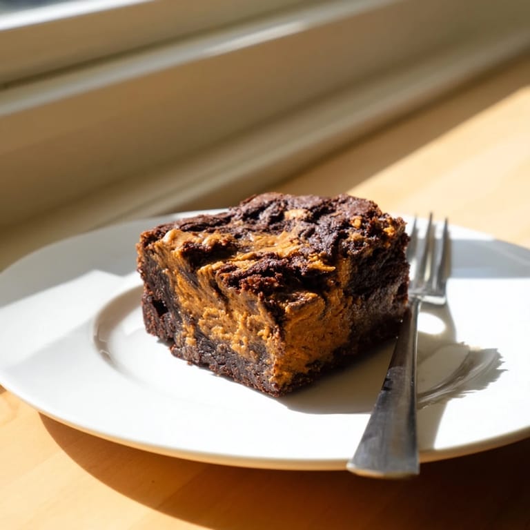 A close-up of fudgy Pumpkin Workout Brownies, suggesting a delightful blend of chocolate and pumpkin spices.