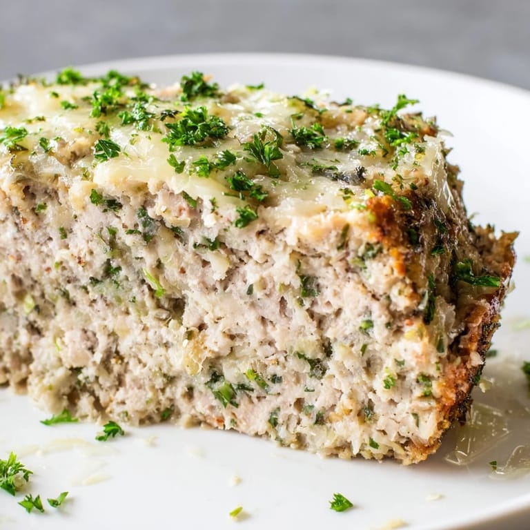 A close-up of a Garlic Parmesan Chicken Meatloaf, showing the tender texture and herb garnish.