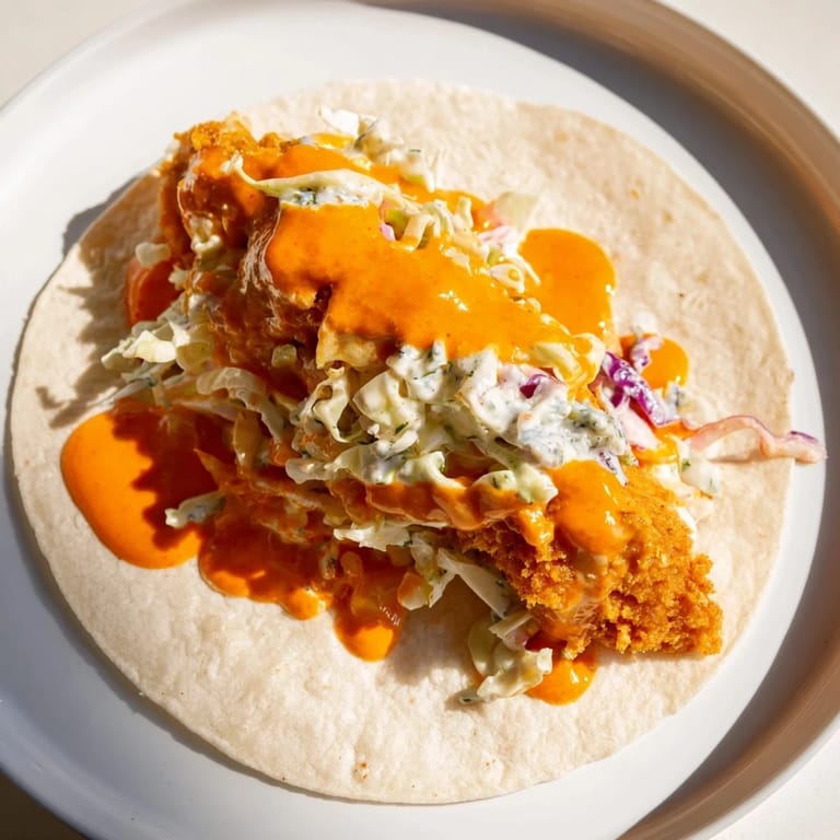 A close-up of delicious Buffalo Chicken Smash Burger Tacos with creamy ranch slaw spilling over the edges.
