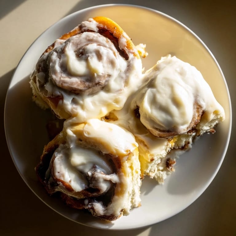 Warm, gooey Viral TikTok Heavy Cream Cinnamon Rolls glistening with cream cheese frosting, a sweet, comforting dessert.