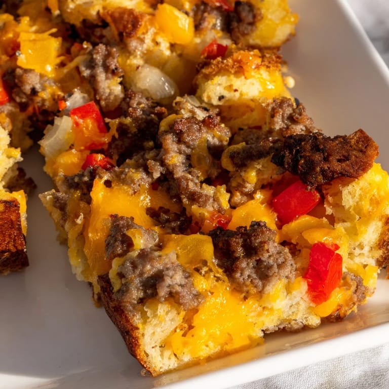 A freshly baked Lightning-Fast Breakfast Sausage Casserole, a delicious American breakfast with sausage and eggs.