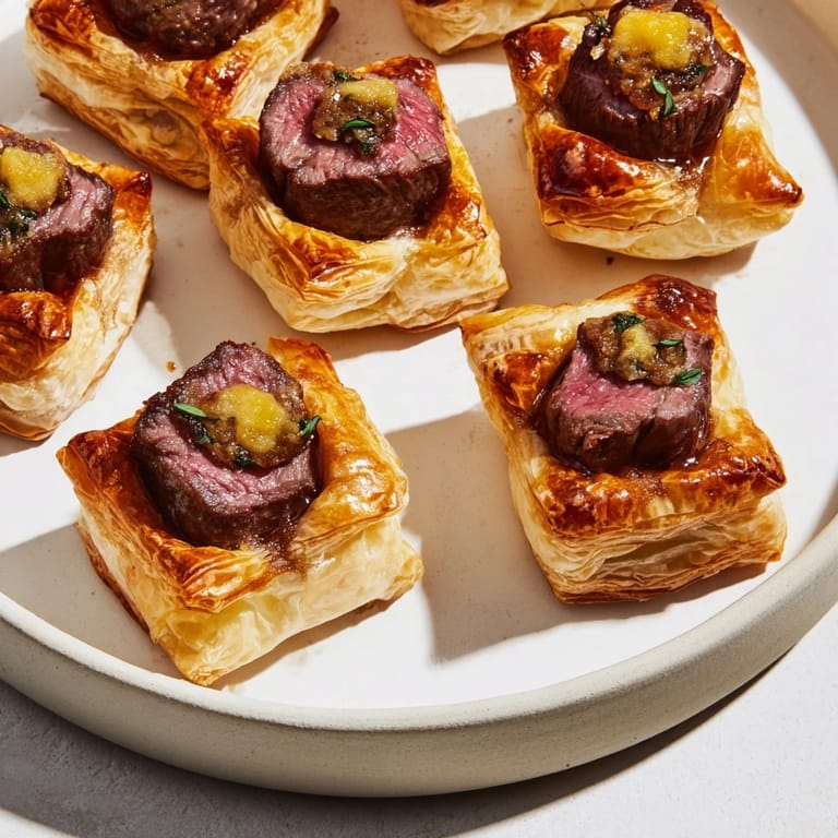 Delicious Simplified Christmas Beef Wellington Bites, featuring a tender beef center, ready for serving during the holidays.