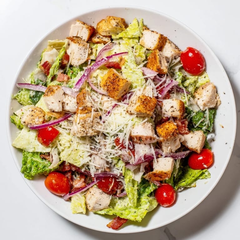 Enjoy the tempting sight of this Costco Chicken Bake Salad Bowl overflowing with fresh vegetables, cheese, and crunchy croutons.