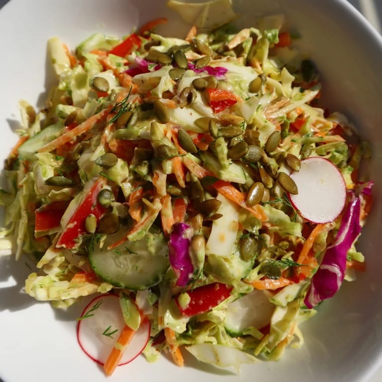 Freshly tossed Green Goddess Confetti Chop Slaw, featuring crunchy vegetables and a bright green hue.