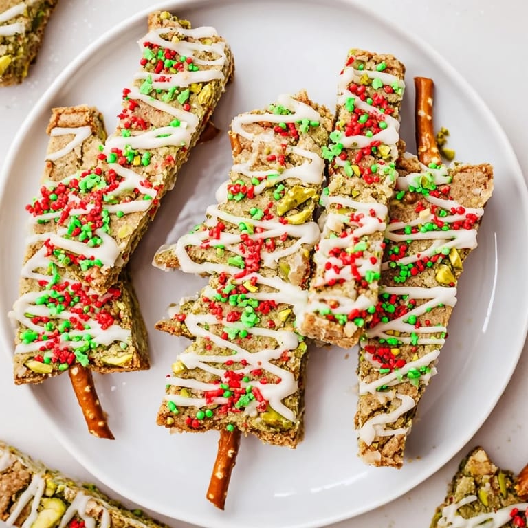 Chewy Matcha Pistachio Christmas Tree Blondie Bars, cut in tree shapes, studded with nuts and decorated for the holidays.