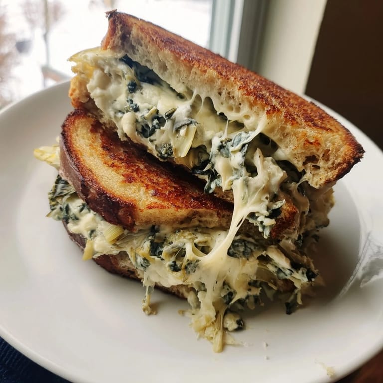Mouthwatering Air Fryer Spinach & Artichoke Dip Grilled Cheese sandwich with a rich, bubbling cheese and spinach interior.