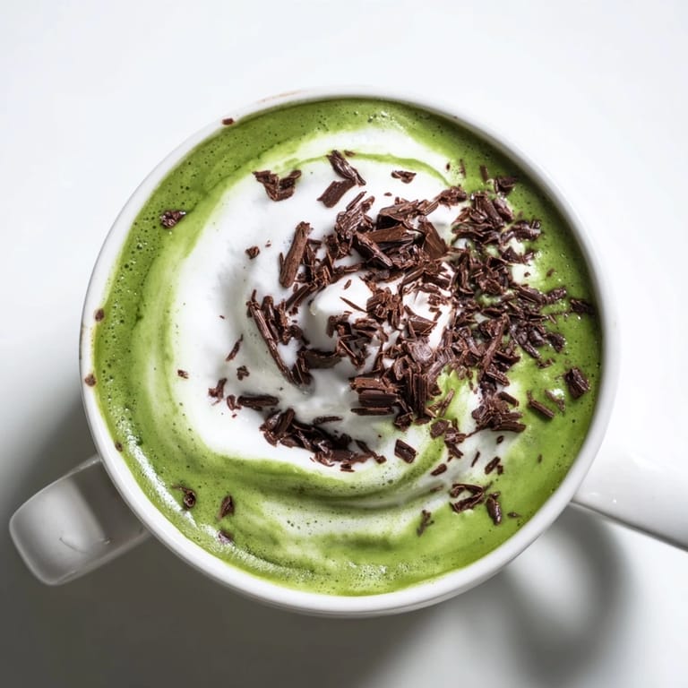 A close-up of a frothy Collagen Peppermint Mocha Matcha Latte, showcasing layers and dark chocolate shavings.