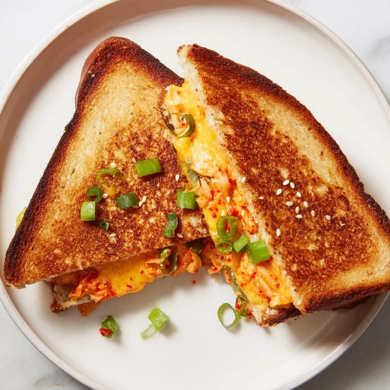 A close-up of a sizzling Skillet Kimchi & Cheddar Fusion Grilled Cheese, ready to be sliced, crusty bread.