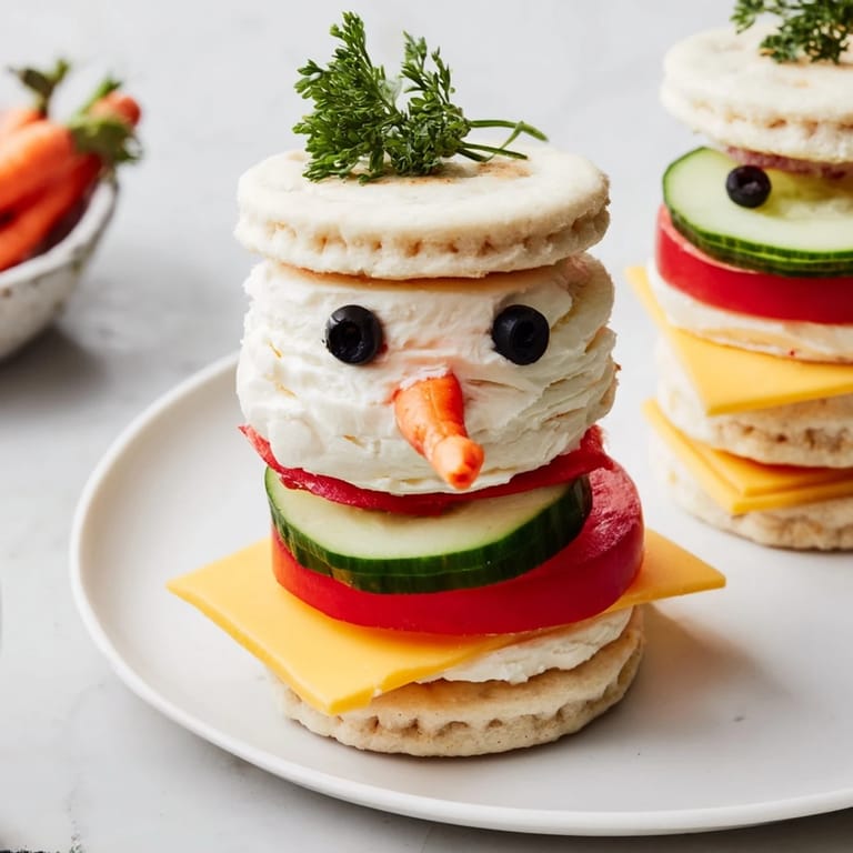 White bread circles cleverly assembled into a delicious Snowman Sandwich Stack, perfect for kids' lunches.