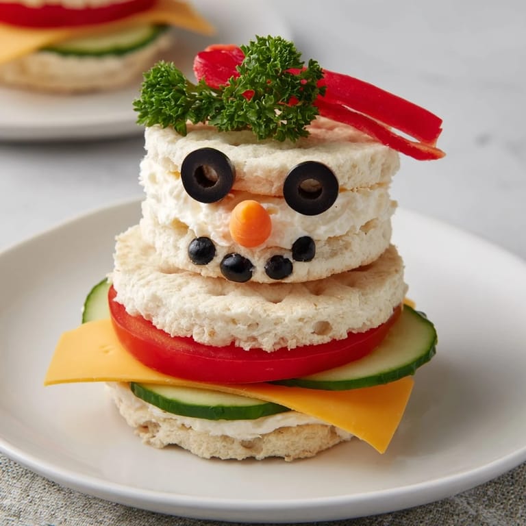 This playful Snowman Sandwich Stack features a creamy interior with fresh veggies, a winter delight!