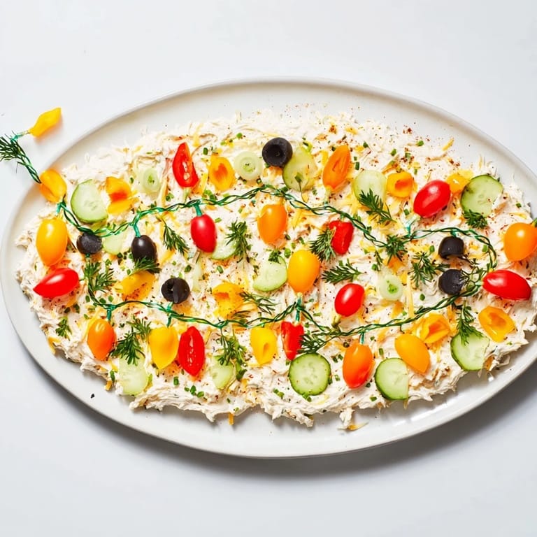 This creamy Christmas Lights Appetizer Spread, dotted with cheery veggies, is a delicious showstopper.