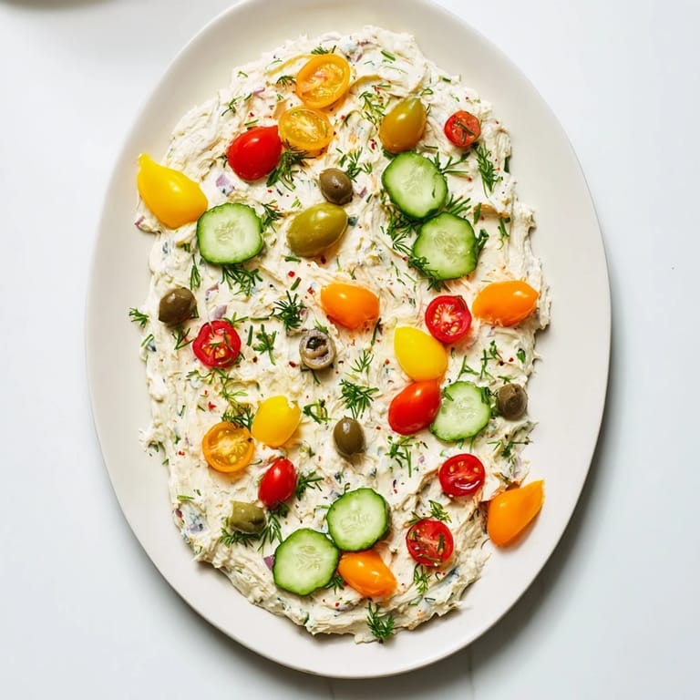 Get ready for a delicious Christmas Lights Appetizer Spread; creamy cheese with a festive veggie design!