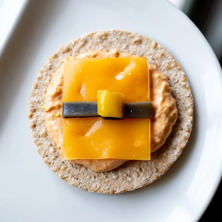 Bright image of savory Santas Belt Crackers & Dip with black olive belts and yellow buckles for a holiday appetizer.