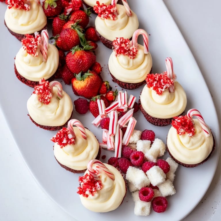 Delicious candy cane striped platter featuring strawberries, cupcakes, and pretzels, arranged beautifully for Christmas.
