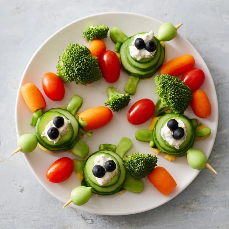 Vivid image of Slow & Savory Turtle Crudités; cucumbers become friendly turtles complete with veggie legs and flavorful dip.