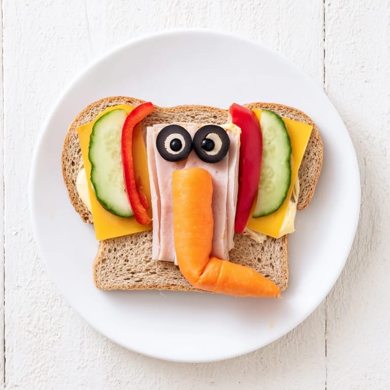 Festive arrangement of Big Top Elephant Sandwiches, perfect for a kids' party, surrounded by fresh veggies.