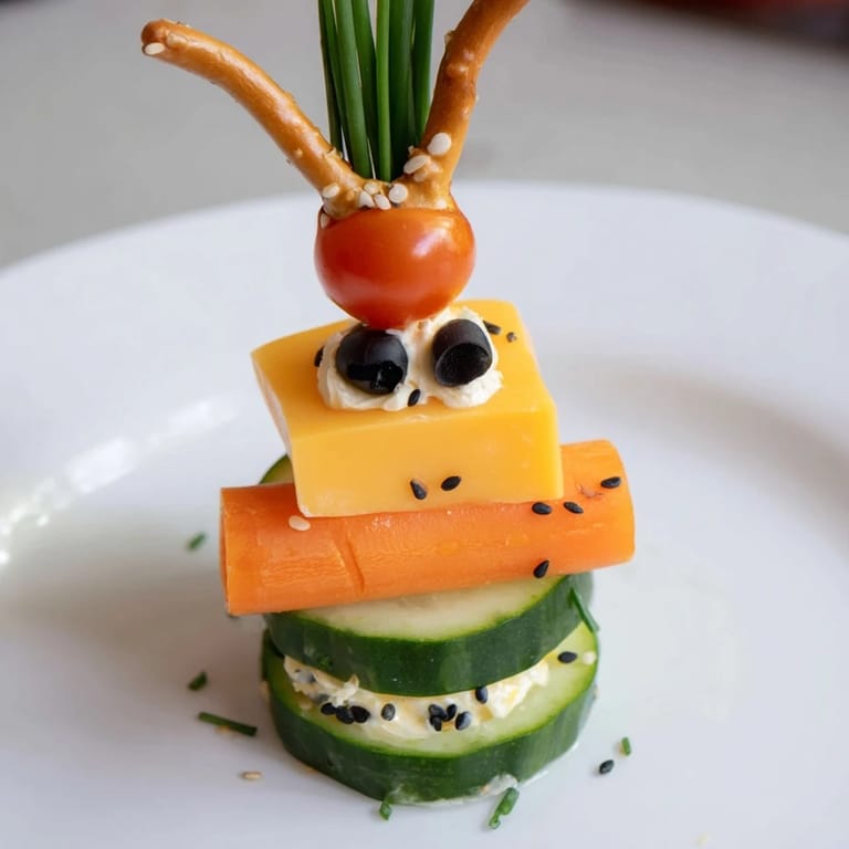Vibrant Long-Necked Giraffe Snack Tower, decorated with sesame seeds for spots, ready to eat.