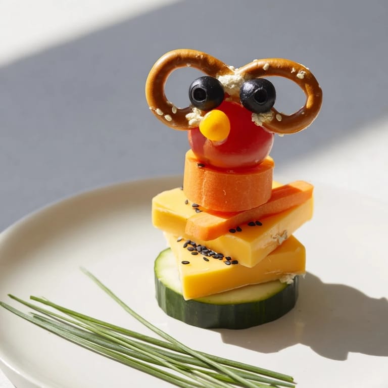 Beautiful, child-friendly Long-Necked Giraffe Snack Tower, featuring a tomato head, cheese, and pretzels.