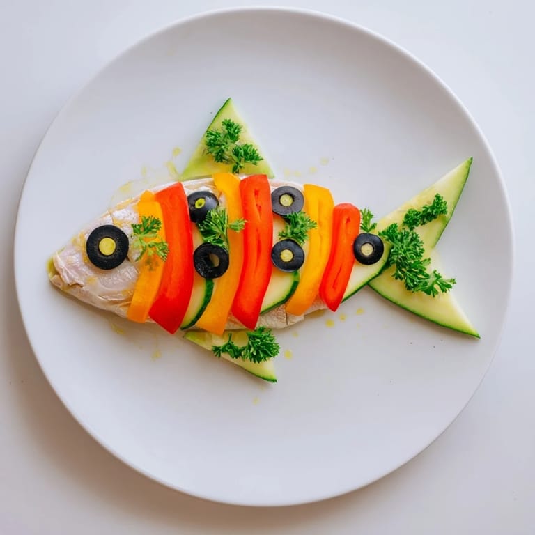 Freshly baked light fish-shaped meal with a cucumber mouth and parsley garnish, served on a plate.