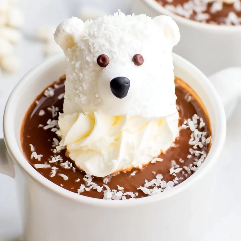 Cozy up with this warm Polar Bear Hot Chocolate, garnished with whipped cream and snowy coconut.
